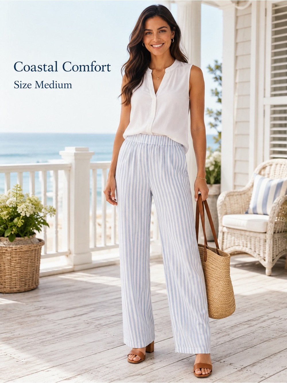 Coastal Comfort Blue White Striped Linen Blend Wide Leg Pants M